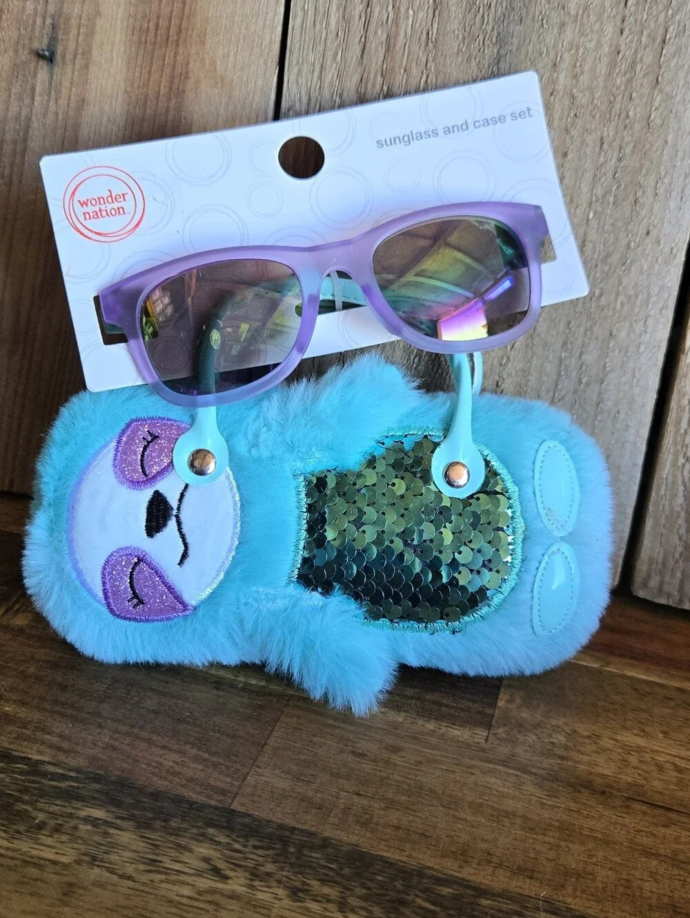 Wonder Nation Kids Sloth Plush Sunglasses & Case Set Purple Mirrored Lenses NWT